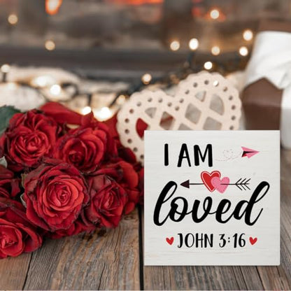 Christian Desk Decor, Rustic I Am Loved Scriptures Wooden Sign - color: Loved