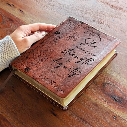 Personalized NLT Journaling Bible – Dark Brown LeatherLike | Filament Enabled | Custom Engraved Name | New Living Translation | 2.25” Wide Margins | Single Column Layout | Bible Journaling & Note-Taking (Peony Proverbs)