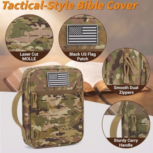 Tactical Bible Cover for Men, Large Bible Case with Shoulder Strap & US Flag Patch, Water Resistant Bible Carrier Bag with Handle, Multi Pockets for Church Study & Travel （Camo） - color: Camo