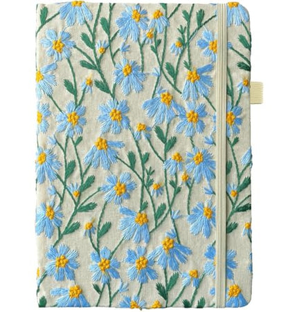 A5 Notebook, Flower Journal, Embroidered Notebook, 8"x6", Hardcover, Lay Flat, Lined, Wide Ruled Paper, Personalized Notebook, Pretty Journal, Daisy Gifts for Women, Blue, with Elastic Band - color: A5-Ruled-Blue Daisy