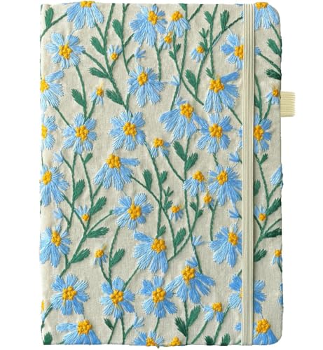 A5 Notebook, Flower Journal, Embroidered Notebook, 8"x6", Hardcover, Lay Flat, Lined, Wide Ruled Paper, Personalized Notebook, Pretty Journal, Daisy Gifts for Women, Blue, with Elastic Band - color: A5-Ruled-Blue Daisy