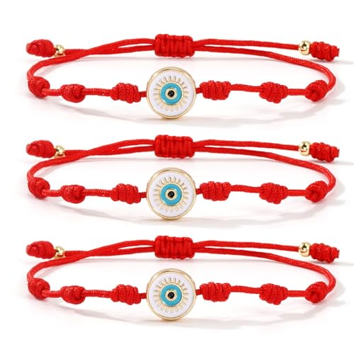 7 Knots Protection Good Luck Red String Rope Gold Cross Bracelet for Women Men, 3Pcs stack Evil Eye Handmade Amulet Adjustable Jewelry, God Christ Pray Friendship Gift - color: Red Evil Eye
