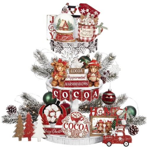 Vercraft Christmas Tiered Tray Decor Xmas Wooden Table Decor, Cow - style: Highland Cow