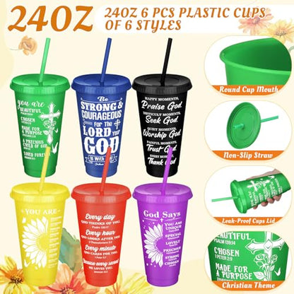 Funnymoom 24 Pcs Floral Christian Church Gifts Bulk for Women 24 oz Religious Plastic Tumbler Cup Bible Verse Makeup Cosmetic Bag Crew Sock Inspirational Keychain for Church Volunteer VBS Appreciation - style: Inspirational Christian