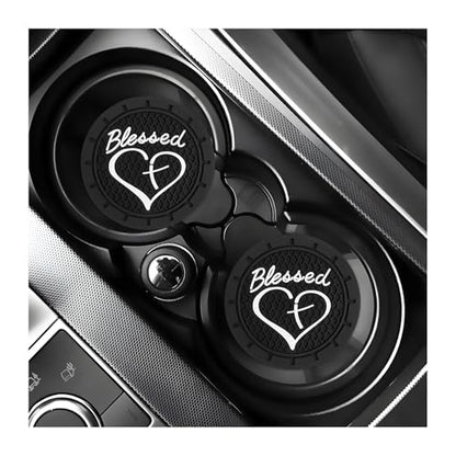 KVAEY 2 PCS Car Cup Holder Coasters, 2.76 Inch Anti Slip Vehicle Drink Mats with Cute Blessed Cross and Heart, Shockproof, Universal Car Accessories (Black, 2 PCS) - color: Black, size: 2 PCS