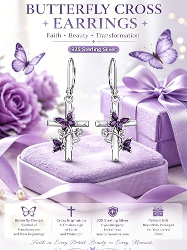 Butterfly Earrings for Women 925 Sterling Silver Birthstone Butterfly Cross Rose Dangle Earrings Elegant Butterfly's Jewelry Gift for Birthday Valentines Day Christmas - color: 2-February