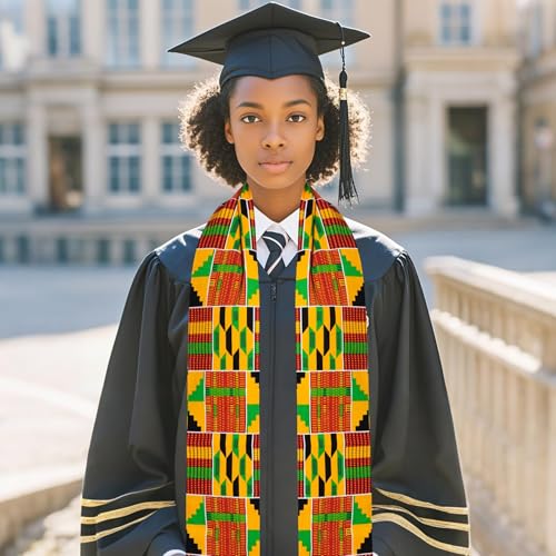Kente Graduation Stole Class of 2026, 72 x 5.1 in African Print Sash with 3D Gold Embroidery and Gold Fringe - color: C2