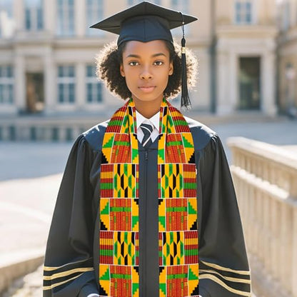 Kente Graduation Stole Class of 2026, 72 x 5.1 in African Print Sash with 3D Gold Embroidery and Gold Fringe - color: C2