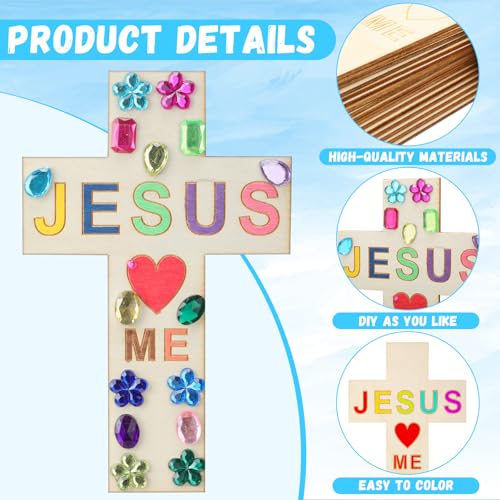 Blueweenly 20 Pcs DIY Wood Cross Crafts for Kids Sunday School Vacation Bible School Supplies Jesus Love Me Religious Christian Craft with Stickers Paint Unfinished Cross Gift for Church