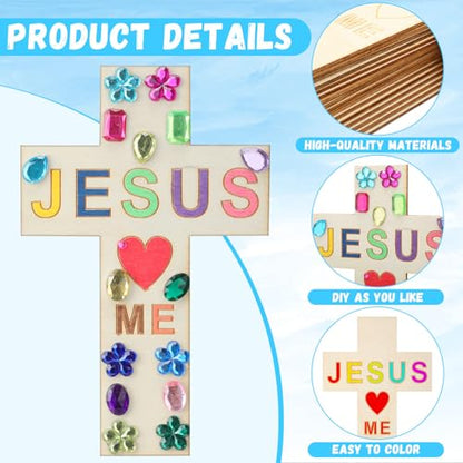 Blueweenly 20 Pcs DIY Wood Cross Crafts for Kids Sunday School Vacation Bible School Supplies Jesus Love Me Religious Christian Craft with Stickers Paint Unfinished Cross Gift for Church
