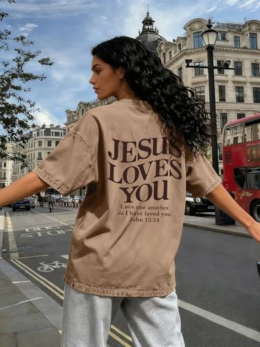 Christian Shirt for Men Jesus Loves You Shirt Oversized Acid Wash Tops - color: Apricot, size: X-Large