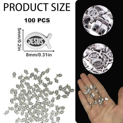 100PCS Jesus Fish Beads, Antique Silver Christian Charms for Jewelry Making