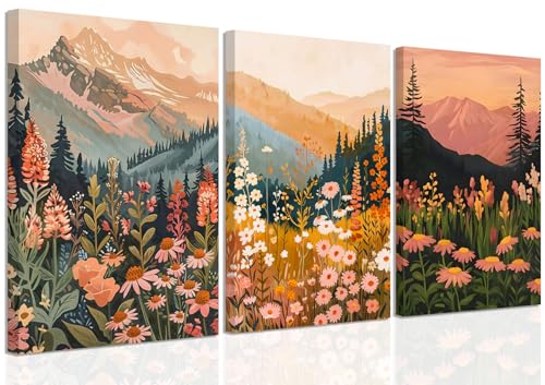 Boho Colorful Watercolor Mountain Canvas Wall Art Set of 3, Wildflower Posters Wall Decor, Abstract Nature Landscape Artwork Paintings Picture Print for Living Room Bedroom Office 12x16 Inch Framed - color: Tree canvas, size: 16L"x12W"