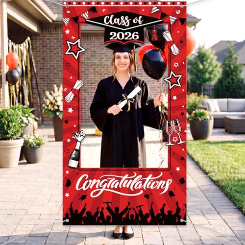 WovWeave Class of 2026 Graduation Photo Booth Frame 71x39 Inch - Red Black Large Fabric Selfie Backdrop Props for High School College Grad Party Decorations Indoor Outdoor Picture Background - style: Red Black Grad