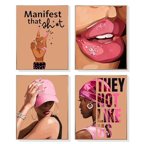 EVER-GOING TUNE Pink Black Girl Wall Art Set of 4,Trendy African American Women Wall Art,Trendy Preppy African American Woman Pictures for Living Room Bedroom College Dorm,8x10(Unframed - color: Pink Wall Art-1