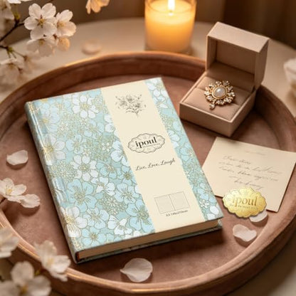 Blue Notebook, Beautiful Writing Journal for Women, A5, Hardcover, Lay Flat, Ruled Paper, Cherry Blossom Flowers, Cyan - color: Cherry Blossom Cyan