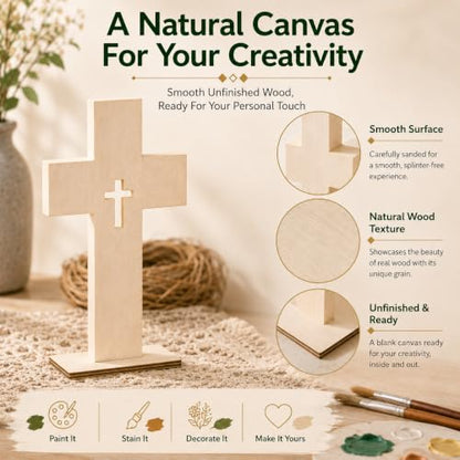 Wooden Crosses for Crafts: 10 Pack Unfinished Wood - DIY Blank Crosses with Stands Small Religious Crucifix Ornaments Catholic Baptism Centerpiece DIY Craft Supplies