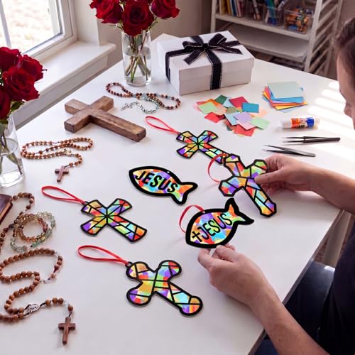 Renbuzhu 48PCS Sunday School VBS Crafts Bulk: Paper Cross Fish Nativity Suncatchers, Jesus Religious Christian Activity DIY Kits Church Decorations, Window Stained Glass Effect Art Supplies - style: jesus fish and cross