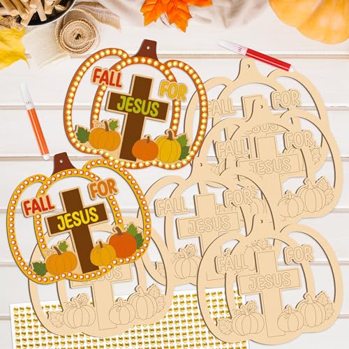 BeYumi Fall Wooden Pumpkin Craft - 20Pcs DIY Wooden Pumpkin Ornaments Craft Kit for Kids Make Your Own Christian Religious Fall for Jesus Craft with Gem Sticker Church Thanksgiving Party Decoration - style: Pumpkin