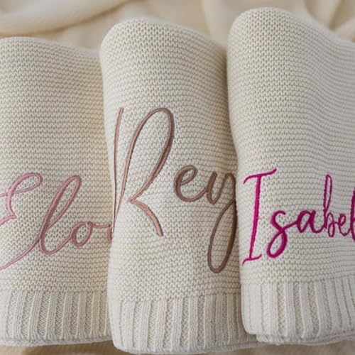IZI POD Personalized Knit Baby Blanket, Embroidered Name Nursery Blanket, Cotton Knit Stroller Blankets, Gift for Baby, Birthday - Style 7 - color: Custom 2
