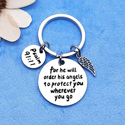 Dabihu Christian Gift Keychain Religious Gift Bible Verse Keyring Baptism Christmas Easter Birthday First Communion Gift - color: For He Will Order His to Protect You Wherever You Go Silver Keychain