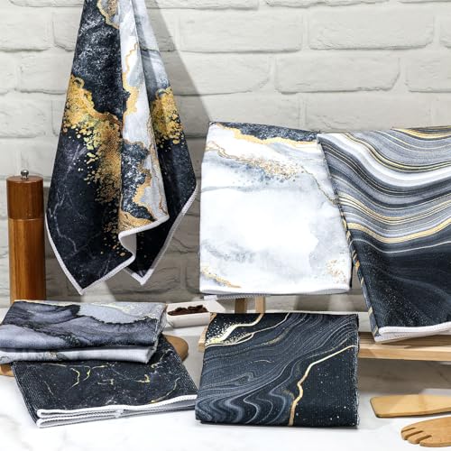 Boyiee 6Pcs Black Marble Kitchen Towels for Farmhouse Decor - color: Marble