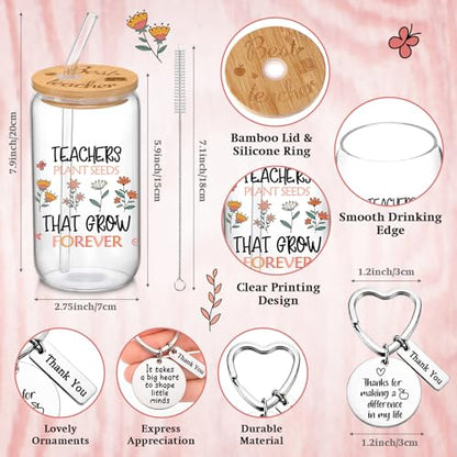 Funnymoom 12 Pcs Teacher Gift Set for Women Flower Theme 16 oz Inspirational Glass Cups with Lids and Straws Brushes Motivational Socks and Thank You Keychains End of Year Graduation Gift for Teacher - style: Flower