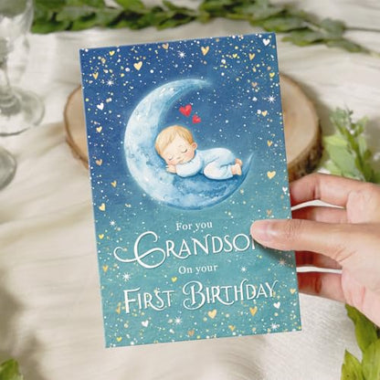 Ogeby Cute First Birthday Card for Grandson, Starry Themed 1st Bday from Grandpa Grandma, For You Grandson on Your First Birthday - color: #624