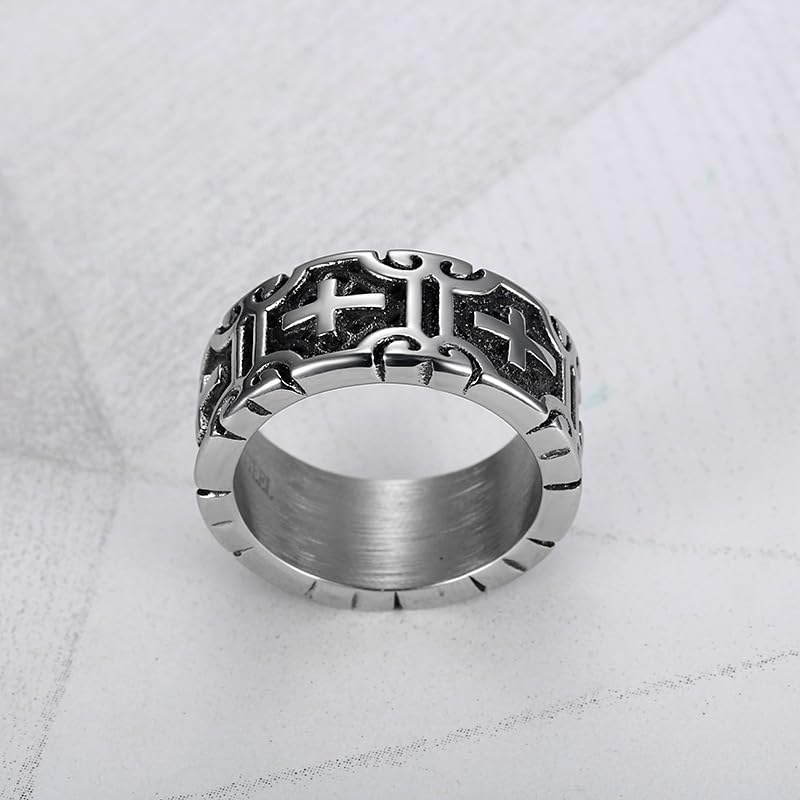 Cross Ring for Men,Stainless Steel Cross Ring for Men - Intricate Carved Pattern, Gothic Religious Jewelry，Retro Style，Size 8-12