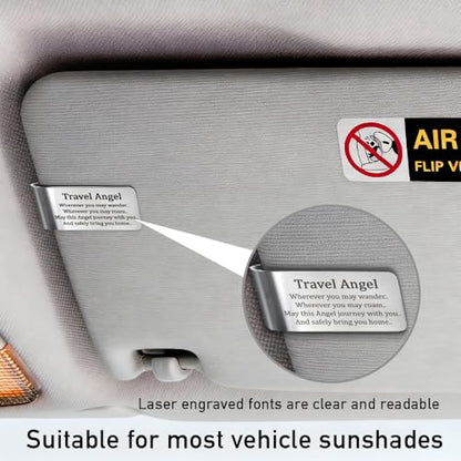 Travel Angel Wherever You May Wander May This Angel Journey with You Engraved Stainless Steel Car Visor Clip, Safe Travels Visor Clip, Safe Driving Gifts for Son Daughter Friend Driver - color: Silver017