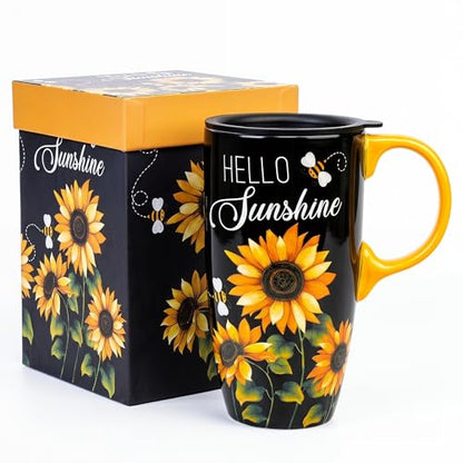 Topadorn 17oz Ceramic Travel Mug with Lid, Sunflower Coffee Mug - color: Black & Yellow