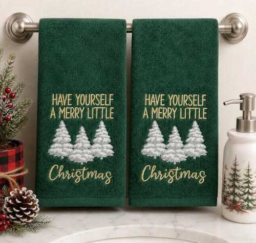 Christmas Green Guest Hand Bathroom Towels Merry Little XMas Trees, 16x26" - color: Little Christmas