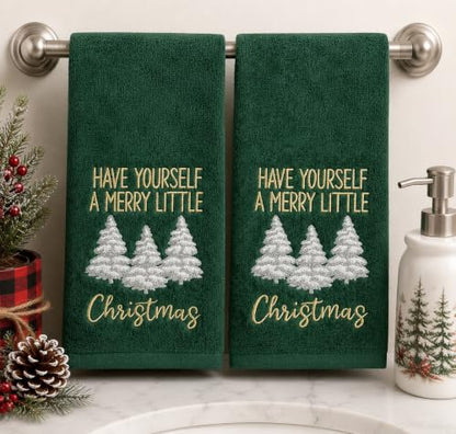 Christmas Green Guest Hand Bathroom Towels Merry Little XMas Trees, 16x26" - color: Little Christmas