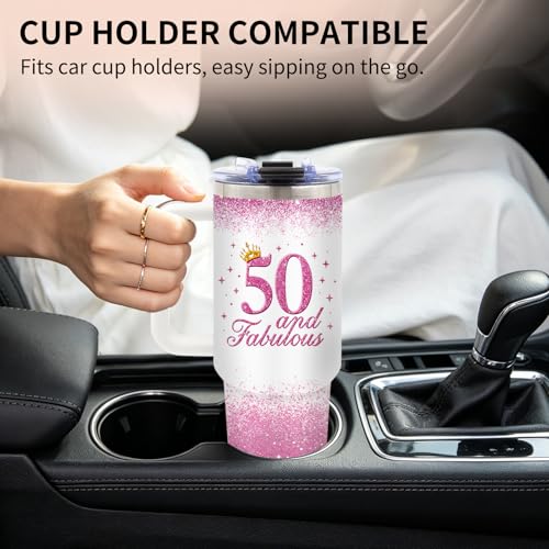 50th Birthday Gifts for Women Her, 1976 50th Birthday Tumbler 40 oz with Handle and Straw, 50 Year Old Gift for Women Mom Wife Sister Friend - Fifty and Fabulous Tumblers - color: Fifty1