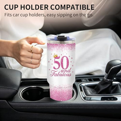 50th Birthday Gifts for Women Her, 1976 50th Birthday Tumbler 40 oz with Handle and Straw, 50 Year Old Gift for Women Mom Wife Sister Friend - Fifty and Fabulous Tumblers - color: Fifty1