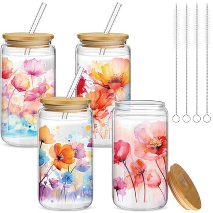 Mumufy 4 Pack Watercolor Flower Glass Cup, 16oz Tumbler Mug with Bamboo Lid - style: Watercolor Flower
