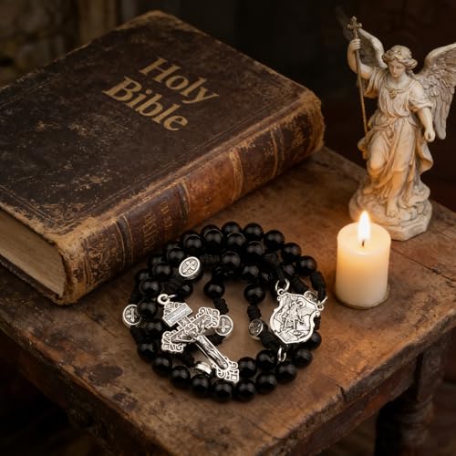 HanlinCC Stone Beads St.Michael Paracord Catholic Rosary with Bag for Men - style: Black Agate