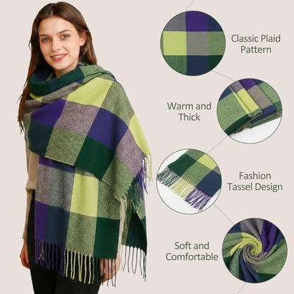 Loritta Winter Scarf for Women, Long Plaid Shawl Wraps Scarves Gifts - color: D-blue Green Lattice