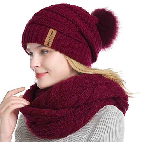 Winter Women Thick Cable Knit Ribbed Infinity Circle Loop Scarf - color: 22- Burgundy Beanie and Scarf Set