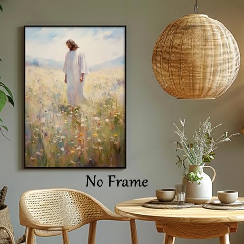 Oiyehokeul Religious Landscape Canvas Wall Art Walking Jesus Picture Christian Religious Paintings Vintage Print Jesus Flower Picture Good Shepherd Poster Abstract Wildflower Artwork 16x24in No Frame - color: A4Unframed