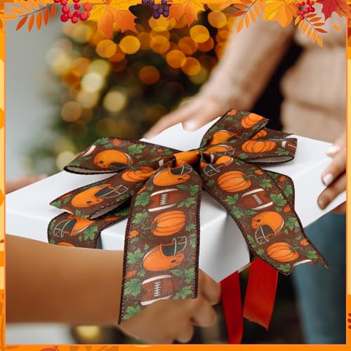 12 Rolls Fall Football Wired Edge Ribbon for Wreaths 2 Inch x 60 Yards Maple Leaves Pumpkin Football Print Ribbon Crafts for Thanksgiving Harvest Party Decorative Supplies, 12 Styles - style: Fall Football