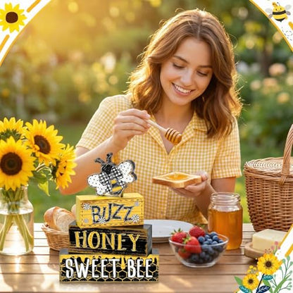 Britimes Tiered Tray Decor Set, 4 Pack, Wooden Table Sign, Daisy Farmhouse - style: Sweet Honey