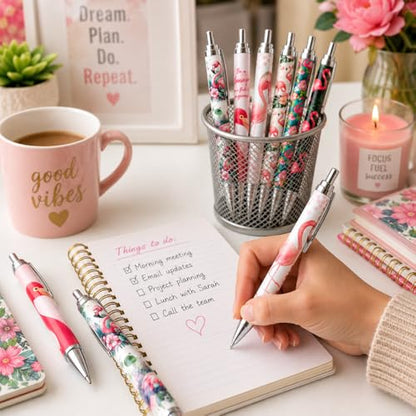 8PC Flamingo Pens Cute Floral Tropical Summer Beach Whimsical Funny Work Pen Flamingos Themed Luau Party Favors Supplies Desk Accessories Stationery Set Gifts For Adult Women Teachers Animal Lovers - style: Flamingo