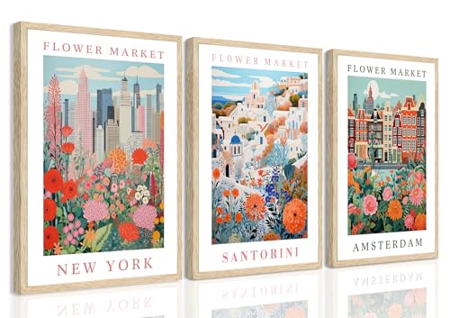 YUFEIART 3 Piece Colorful Flower Market Framed Wall Art Set of 3 16x20 - color: Flower Market, size: 16x20 Framed