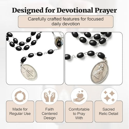 SANCTUM VERITAS Saint Faustina Kowalska True Relic Chaplet Apostle Divine of Mercy Miraculous Medal Jesus I Trust in You Chaplet Three O' Clock Prayer Poland Polish Novena - color: Black