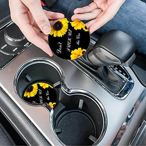 Car Coasters 2 Pack, Small 2.56" Stone Car Cupholder Absorbent Coaster Set for Women Men Drink Cup Holder Coasters (Sunflower&Funny Phrase) - color: Sunflower&funny Phrase