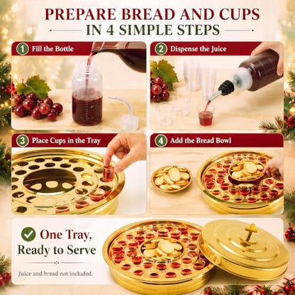 2-in-1 Gold Communion Tray Set for Churches with Lid, Hold Bread & 32 Cup