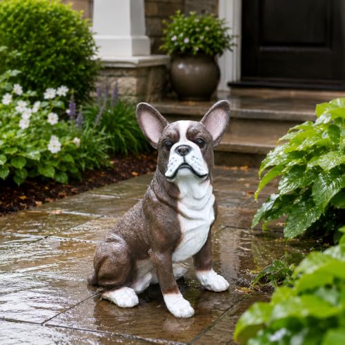 Realistic French Bulldog Garden Statue, Finely Sculpted Lifelike Brown and White Sitting Dog Figurine, Weather-Resistant Outdoor Sculpture for Yard, Lawn and Pet Memorial Gift - color: French Bulldog Brown Sitting