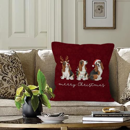 Merry Christmas Basset Hound Throw Pillow Covers 18x18 Home Decor - color: Basset
