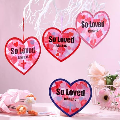Lunmon 24 Pcs So Loved John3:16 Christian Valentine Crafts Religious Valentine Suncatchers Ornaments DIY Heart Stained Glass Kit Window Art for Church Party Vbs with Ribbon and Stickers - style: Heart